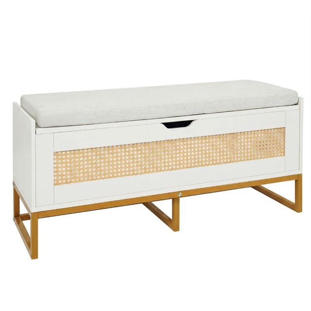 Costway Λευκή παπουτσοθήκη-παγκάκι ρατάν με επενδεδυμένο κάθισμα και ανακλινόμενο καπάκι, έως 200 κιλά, 44 x 100 x 35 cm JV13422WH