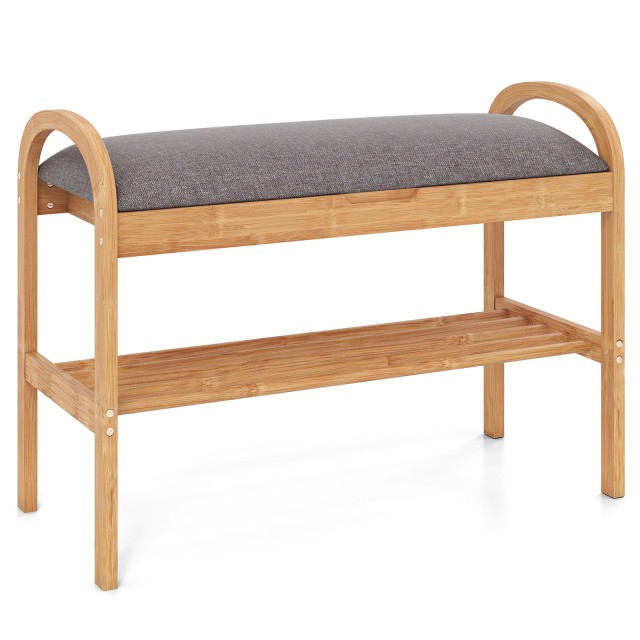 Costway Παπουτσοθήκη-Παγκάκι από Μπαμπού με Αποθηκευτικό Χώρο και Μαξιλάρι Καθίσματος, 2 Επιπέδων, 70 x 31,5 x 51 εκ., Φυσικό/Γκρι JV12274GR