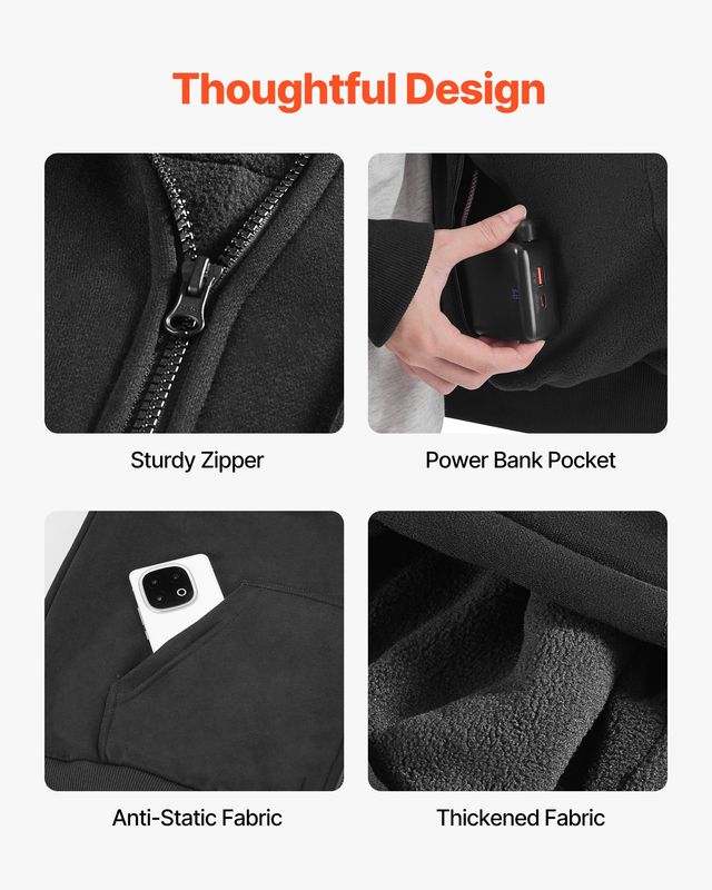 VEVOR Unisex Θερμαινόμενο Φούτερ με Power Bank,Μέγεθος S  Μαύρο JRWYDDLLSZXS2H6QC001V9
