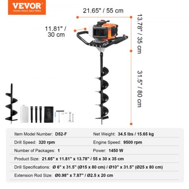VEVOR  Βενζινοκίνητο Τρυπάνι Οπών 52CC 1450W με Δράπανα 6 & 10 & 3 Προεκτάσεις RYLXZ6YC10YC4PIY3V0