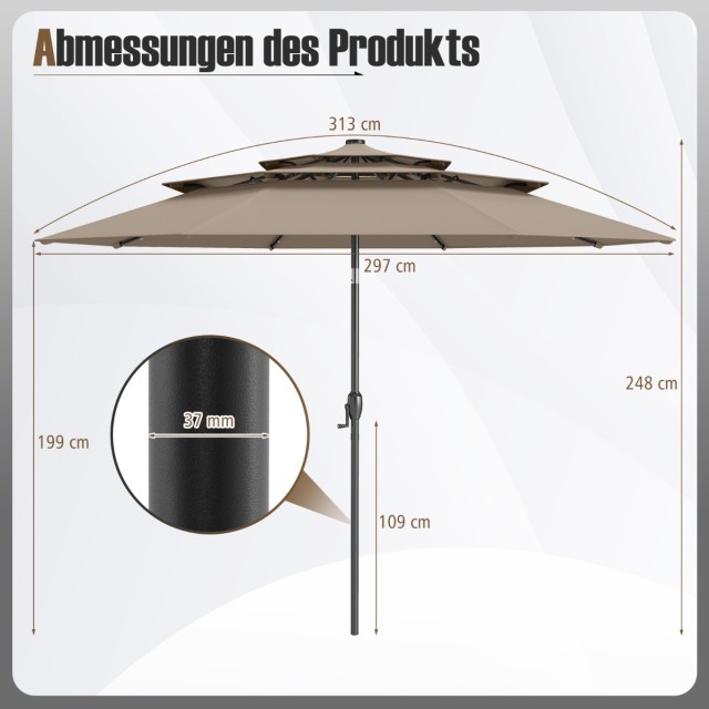 Costway Τρίφυλλη Καφέ Ομπρέλα Κήπου με Μανιβέλα και Ρυθμιζόμενη Κλίση 30° NP11543TN