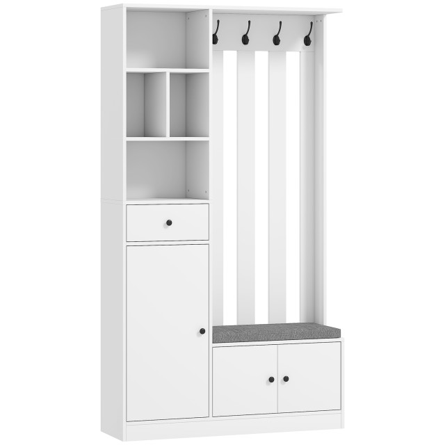 HOMCOM Καλόγερος 180 cm με Παγκάκι Παπουτσιών, Ρυθμιζόμενο Ράφι, 4 Γάντζους, Λευκό 837-644V90ND