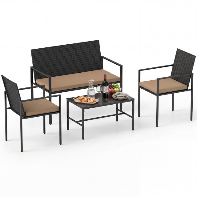 Costway Σετ κήπου 4 τεμαχίων από ρατάν με πολυθρόνες, διθέσιο καναπέ και τραπεζάκι από σκληρυμένο γυαλί, καφέ NP13109YW