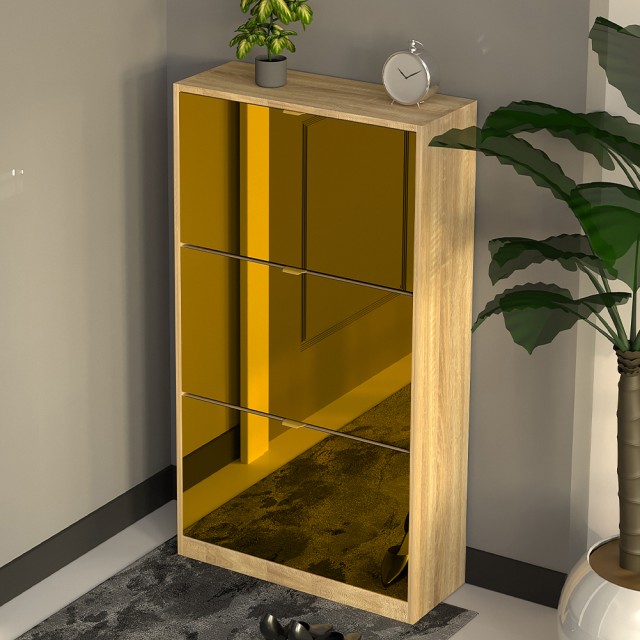 BAKAJI Καφέ Λεπτή Παπουτσοθήκη με 3 Καθρέπτες Πόρτες και Εξοικονόμηση Χώρου Λαβή 63x24x115cm 02842906