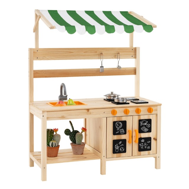 Costway Εξωτερική Παιδική Κουζίνα 88 x 39 x 117 cm από Ξύλο Έλατου με 4 Εστίες, Αποσπώμενο Νεροχύτη και Αξεσουάρ για Δημιουργικό Παιχνίδι από 3 Ετών TP10273NA