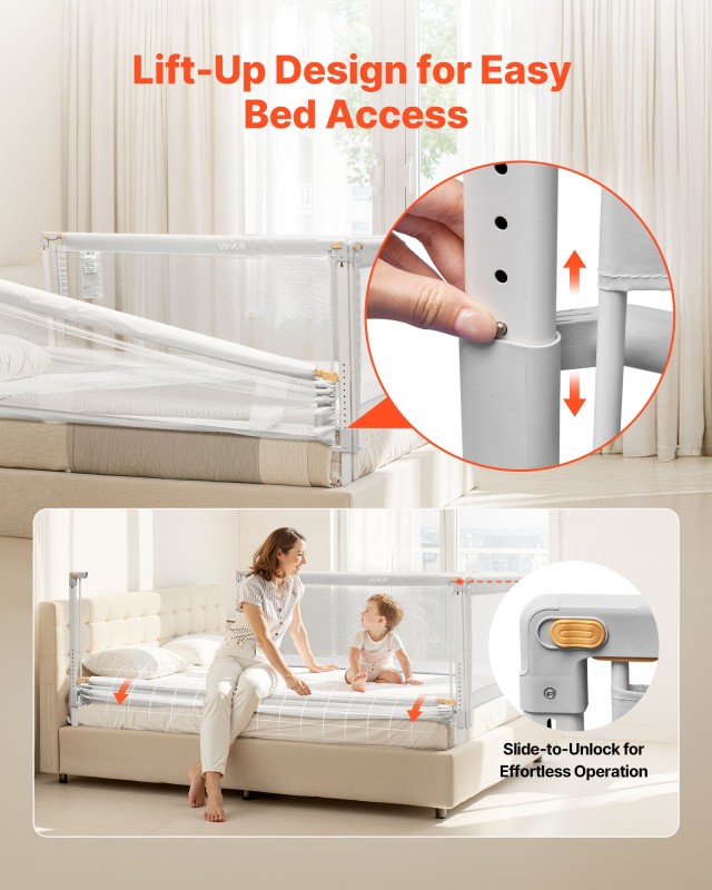 VEVOR Προστατευτικό Κάγκελο Κρεβατιού Μωρού 2000 x 680 mm - Ρυθμιζόμενο Ύψος 210 mm, 3 Όψεων, Γκρι YYECLHHLBYSXMTV7G001V0