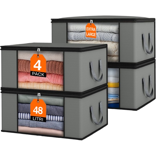 BAKAJI Σετ 4 Πτυσσόμενων Δοχείων 48lt (50 x 35 x 28 cm) με Ενισχυμένες Λαβές και Διαφανές Παράθυρο 02842394
