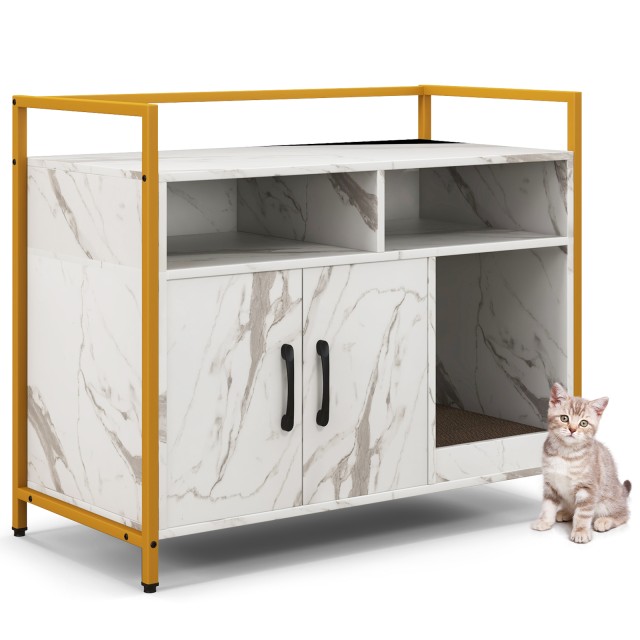 Costway Ντουλάπι Γάτας με Διπλές Πόρτες & Επιφάνεια Ξυσίματος, Λευκό Μάρμαρο με Ανοιχτό Ράφι & 2 Θέσεις PV10236MB