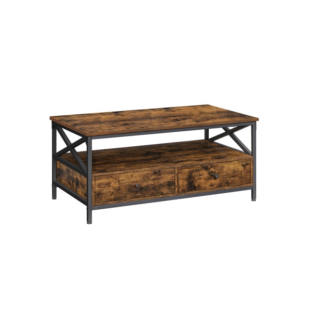 VASAGLE Ρουστίκ Καφέ Τραπεζάκι Σαλονιού 100x55x45cm με Μαύρο Ατσάλινο Πλαίσιο και Συρτάρια LCT201B01
