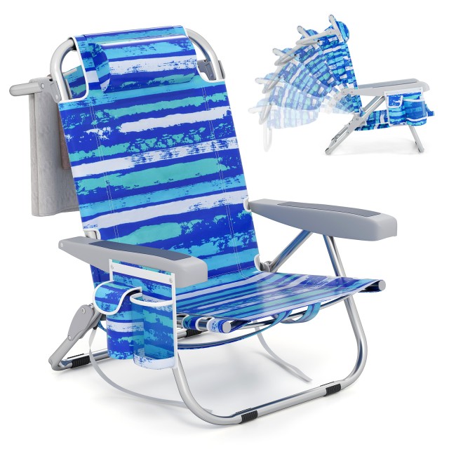 Costway Πτυσσόμενη Καρέκλα Παραλίας με Ρυθμιζόμενη Πλάτη – Μπλε Ρίγες NP11624NY-1