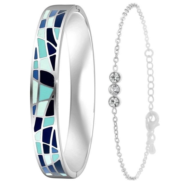 Σετ 2 Βραχιόλια διακοσμημένο με Κρύσταλλα Swarovski και ρητίνης με εφέ Σμάλτο, Ασημί B2164+BS4274-ARGENT So Charm