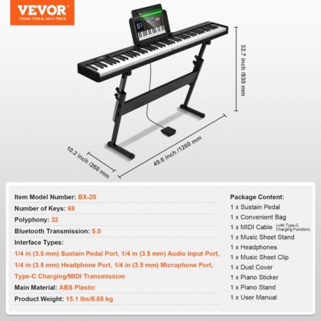 VEVOR  Πτυσσόμενο Πιάνο 88 Πλήκτρων Bluetooth MIDI με Βάση  ZDSMGQ88JHSY62I1IV9