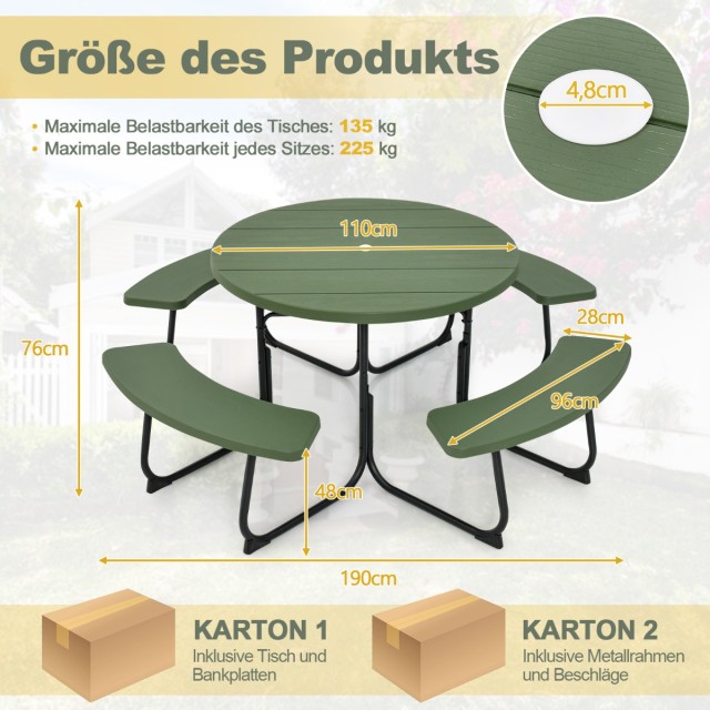Costway Πικνίκ Τραπέζι για 8 Άτομα με Ομπρέλα & 4 Πάγκους Αδιάβροχος Πράσινο NP11264LS+