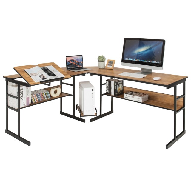 Costway Γραφείο Υπολογιστή Γωνιακό L-Σχήματος 170 x 150 x 75 cm  με Ρυθμιζόμενη Επιφάνεια και Ανοιχτά Ράφια Αποθήκευσης HW66803WT+