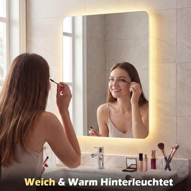 Costway Ορθογώνιος Καθρέφτης 80 x 60 εκ με LED Φωτισμό - Επιτοίχιος Καθρέφτης Μπάνιου BA8434