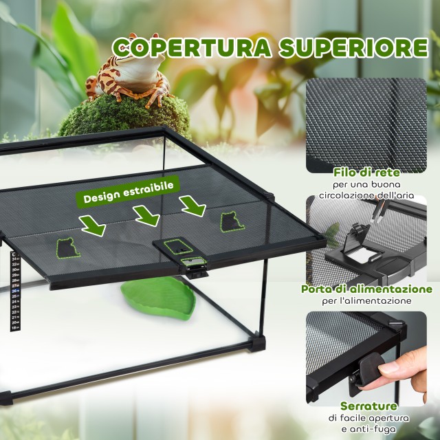Γυάλινο Ενυδρείο για Ερπετά / Terrarium  με Κλειδαριά και Θερμόμετρο με Μεταλλικό Πλέγμα 50x30x25cm - Μαύρο D40-015V01 PawHut