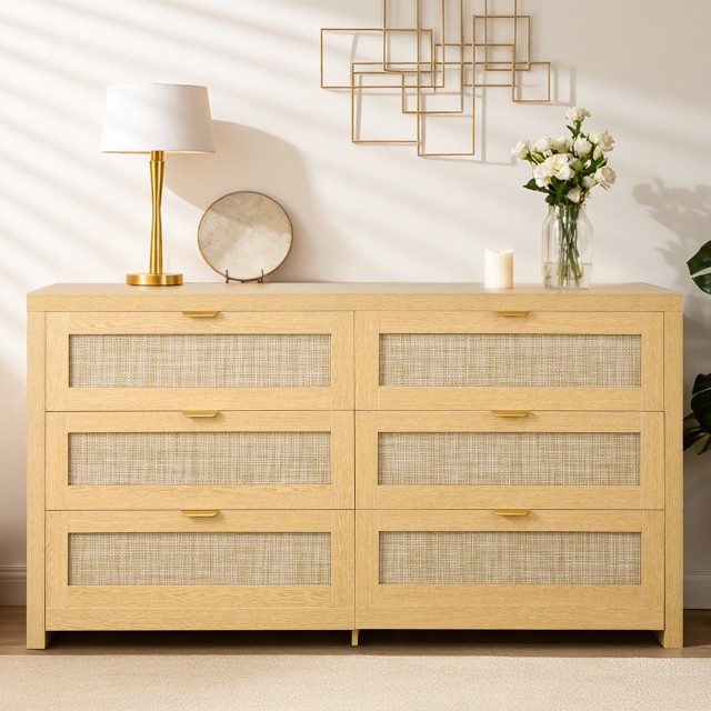 VEVOR Συρταριέρα Rattan 6 Συρταριών, Διπλή, με Μεταλλικές Λαβές, Μπεζ Καφέ SLJYXTBCTJLLHTKHL001V0