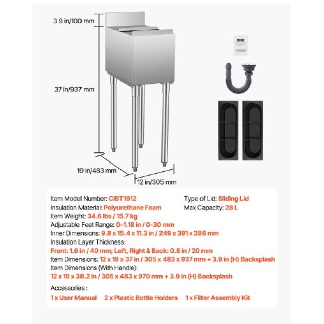 VEVOR Επαγγελματικός Κάδος Πάγου 28L με Συρόμενο Καπάκι και Θήκες Μπουκαλιών DBCBX1912INCAB6LRV0