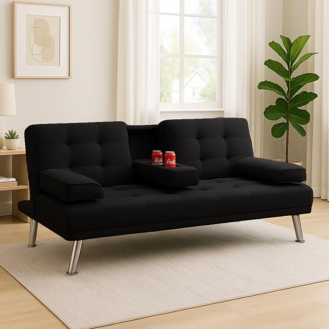 BAKAJI Διθέσιος Καναπές-Κρεβάτι 2 σε 1 με Μαύρο Ύφασμα, Μαξιλάρια και Μπράτσο με Θήκη για Ποτήρια 02001875