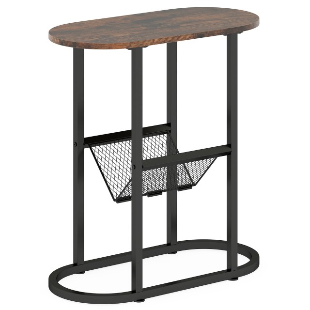 Costway Δίποδος Οβάλ Κομοδίνο με Θήκη Περιοδικών, Εξοικονομεί Χώρο, Σοφιστικός Καναπές Ρουστίκ Καφέ 64 x 60 x 28,5 εκ. JV12717CF