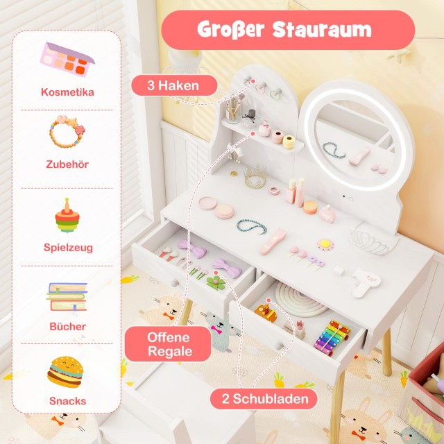 Costway Παιδικό Σετ Τουαλέτας με Φωτιζόμενο Καθρέφτη και Καρέκλα, Ασφαλές και Σταθερό με Αποθηκευτικό Χώρο HY10380WH