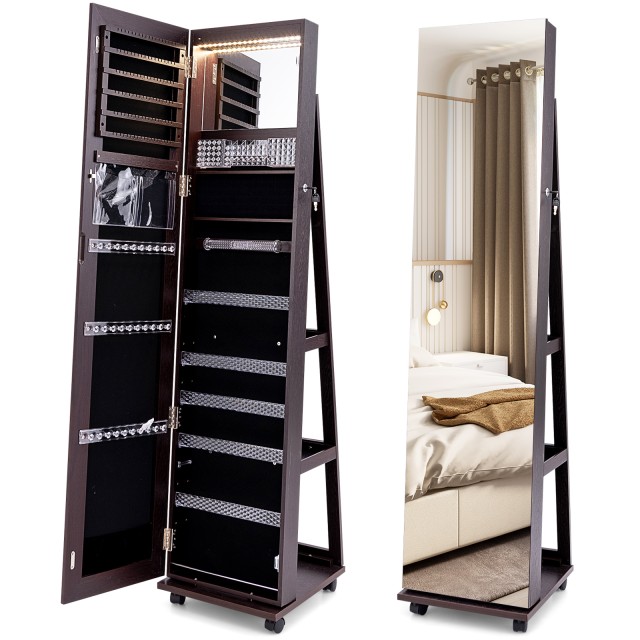 Costway Κλειδωμένο Ντουλάπι Κοσμημάτων με Ενσωματωμένο Καθρέφτη Μακιγιάζ, Ρυθμιζόμενα Ράφια & Αποθηκευτικό Χώρο, Σκούρο Καφέ JV11245ZS