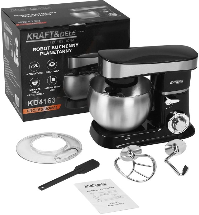 Kraft&Dele Πλανητικό Μίξερ 2500W με Ανοξείδωτο Κάδο 6L, 6 Ταχύτητες & Εξαρτήματα Ζύμης/Ανάμειξης KD-4163