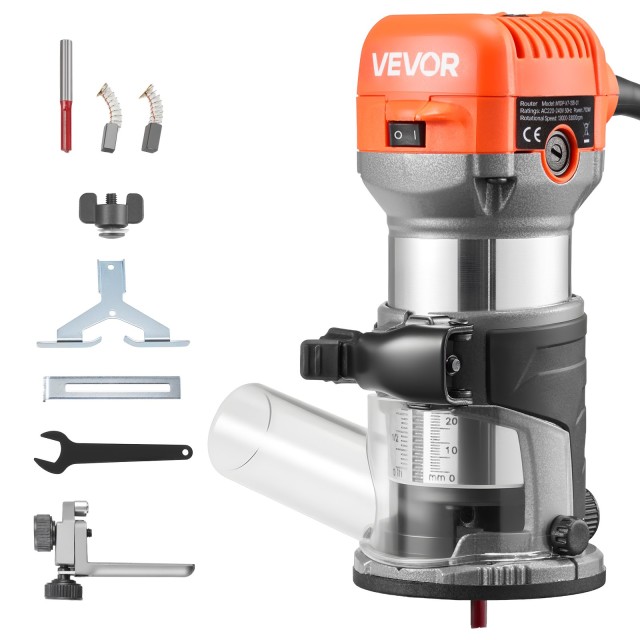 VEVOR Φρέζα Ξύλου Χειρός 710W με Ρυθμιζόμενες Στροφές, Μαλακή Εκκίνηση, Σταθερή Βάση, Οδηγό Παράλληλης Κοπής και Απορροφητή Σκόνης YXKBJGDSDZJSRZTKS001V2