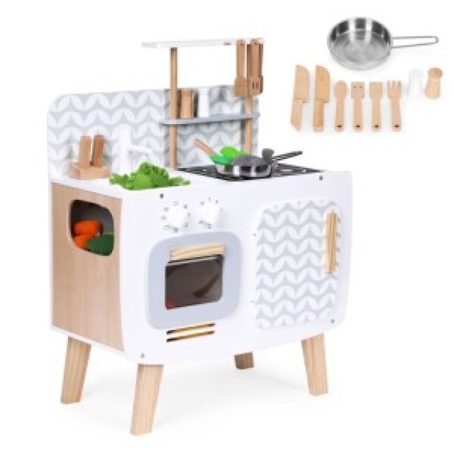 ECOTOYS Ξύλινη παιδική κουζίνα ρετρό με φούρνο, καυστήρες, νεροχύτη και μαγειρικά αξεσουάρ W10C863