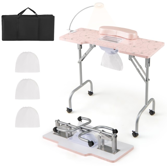 Costway Ροζ Φορητό Τραπέζι Μανικιούρ με Ηλεκτρικό Συλλέκτη Σκόνης Διπλωτό HB88582DE-PI