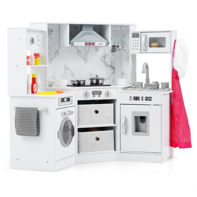 Costway Παιδική Ξύλινη Κουζίνα με Φωτισμό, Ήχο, Διανομέα Νερού, Πλυντήριο & Αξεσουάρ - Λευκή TP10161WH