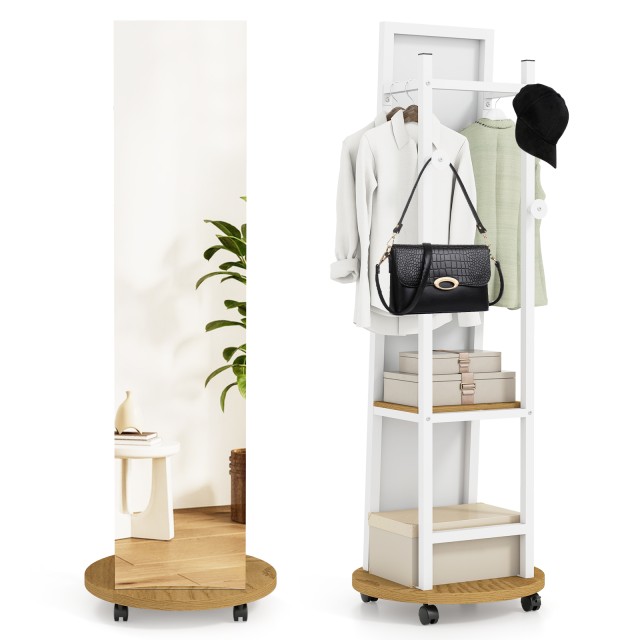 Costway 2 σε 1 Ολόσωμος Καθρέπτης με 3 Γάντζους & Ράφια Αποθήκευσης & Παγκόσμιες Ρόδες Λευκός JV13317NA