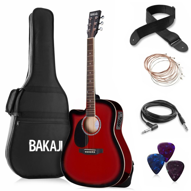 BAKAJI Ηλεκτροακουστική Κιθάρα Slim 41 Redburst με Σετ Χορδών, Πέννα, Ζώνη και Καλώδιο 02842945