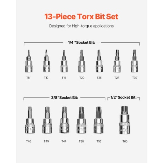 VEVOR Σετ Καρυδάκια Torx 13 Τεμαχίων T8 - T60 S2 και Cr-V Ατσάλι PTTT143812TO25MKPV0