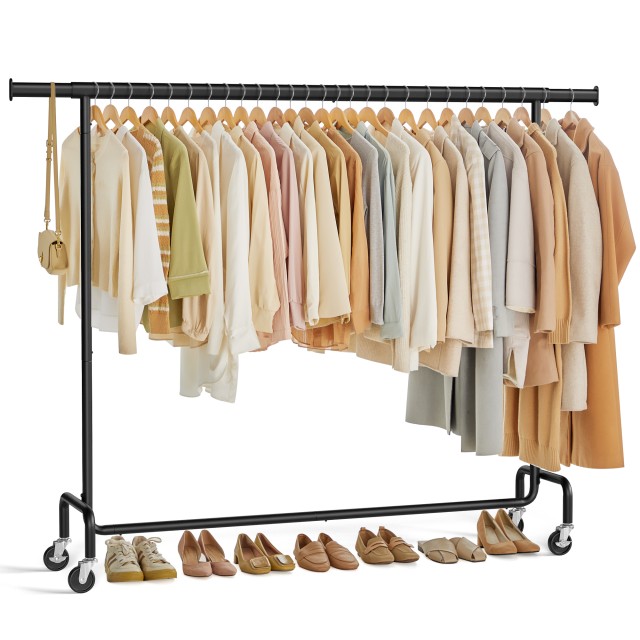 SONGMICS Κινητή Ράγα Ρούχων, Βαρέως Τύπου, Με Επεκτάσιμη Κρεμαστή Ράγα, Χρώμιο-Μαύρο , 200x45x163 cm HSR176B01