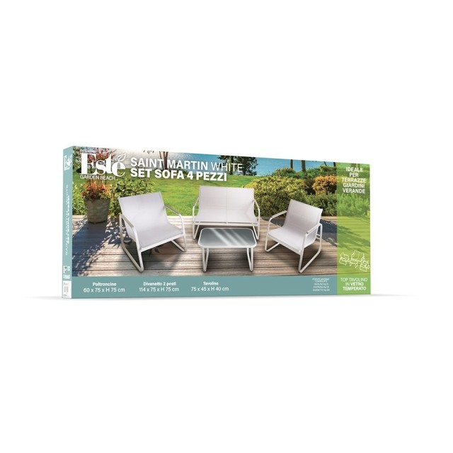 Galileo Σετ κήπου 4 θέσεων από ανθρακούχο ατσάλι με τραπεζάκι και γυάλινη λευκή επιφάνεια Saint Martin 2188543