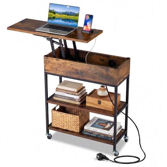 Costway Τροχήλατο Τραπεζάκι Σαλονιού με Ανασηκωμένη Επιφάνεια, Σταθμό Φόρτισης, Κρυφό Αποθηκευτικό Χώρο & Ράφια 60 x 24 x 67,5 cm JV13471DE-CF