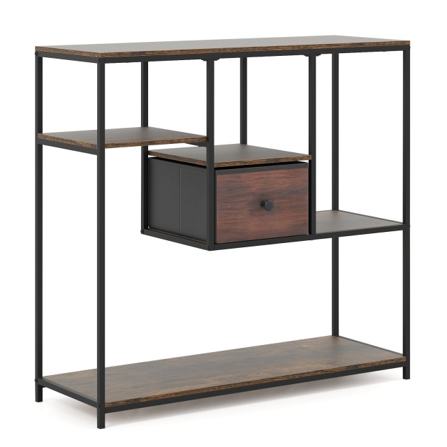 Costway Βιομηχανικό Τραπέζι Κονσόλα με Αποθηκευτικό Χώρο και Ράφια, Καφέ με Υφασμάτινο Συρτάρι, Διαστάσεις 95 x 35 x 100 cm JV13290CF