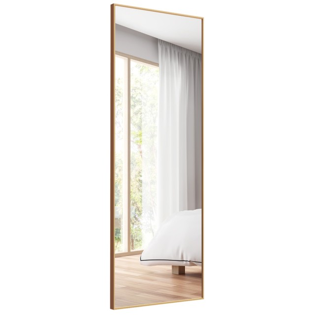 Costway 56 x 150 εκ. HD ολόσωμος καθρέφτης για κρέμασμα ή στήριξη στον τοίχο, χρυσός καθρέφτης HW66483GD