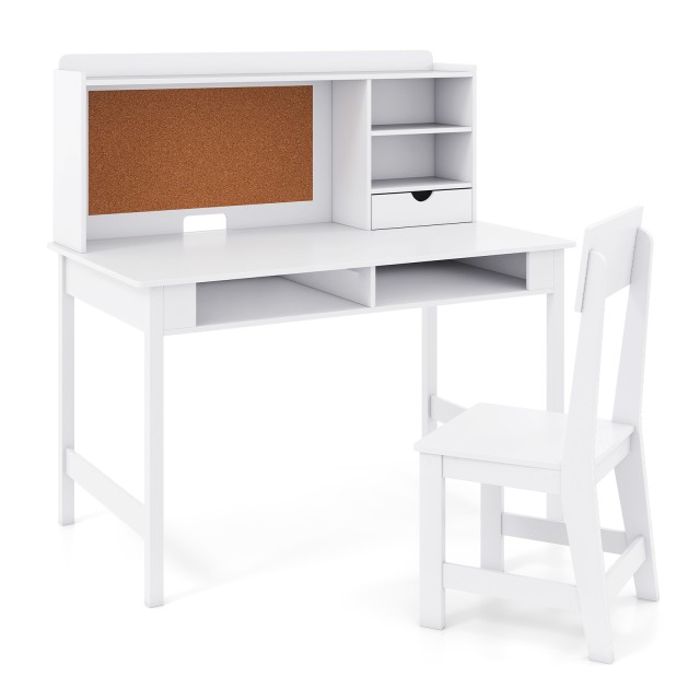 Costway Παιδικό Γραφείο με Καρέκλα Ξύλινο - Σχολικό Γραφείο με Κορμό από Φελλό και Συρτάρι, Λευκό 110 x 110 x 60 εκ. HY10454WH