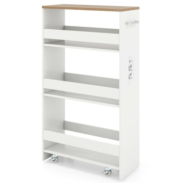 Costway Λευκό + Φυσικό Μετακινούμενο Σερβιτόρο Τεσσάρων Επιπέδων, 20 cm Πλάτος, για Στενούς Χώρους Κουζίνας JV11646DE-WH