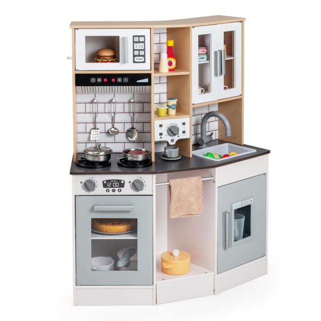 Costway Παιδική Ξύλινη Κουζίνα Παιχνίδι με Φως, Ήχο, Εστία, Νεροχύτη, Απορροφητήρα και Μηχανή Παγοκύβων σε Γκρι χρώμα 96 x 36 x 75 cm TP10423GR