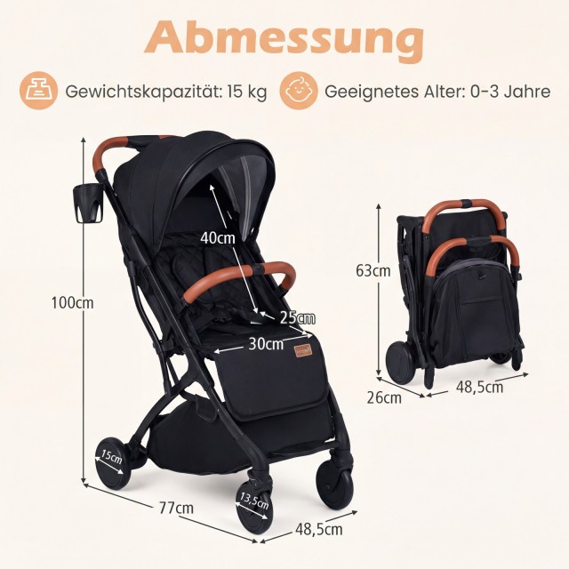 Costway Αναδιπλούμενο παιδικό καρότσι ταξιδιού με κάλυμμα βροχής, ρυθμιζόμενη πλάτη και κουκούλα, μαύρο, 100 x 48,5 x 77 cm BC10328BK