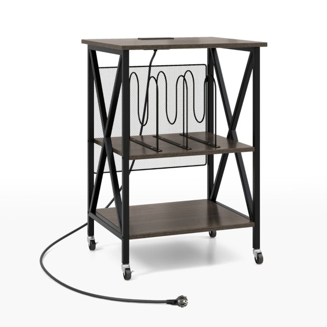 Costway Πλαϊνό Τραπέζι με Σταθμό Φόρτισης & Διαχωριστικό Ραφιέρα Πικάπ CD Ρολό ΓκριJV12662DE-GR