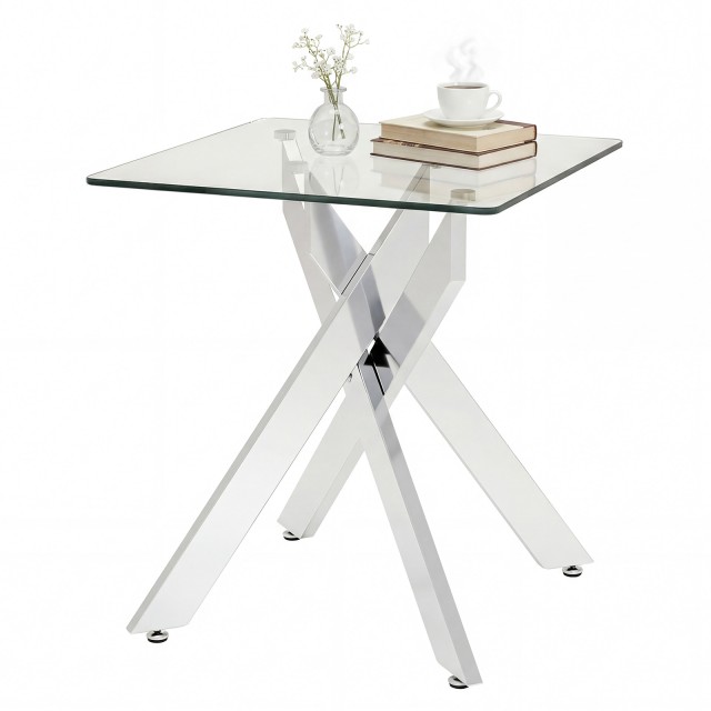 Costway Τετράγωνο Τραπέζι Φαγητού με Ενισχυμένη Γυάλινη Επιφάνεια & X-Μεταλλική Βάση, Μοντέρνος Γυάλινος Τραπεζάκι Ασημί 57 x 50 x 50 cm JV13028SL