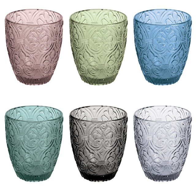 Galileo Σετ 6 χρωματισμένων ποτηριών νερού 325 ml από γυάλινη πάστα με επιφάνεια διακοσμημένη με αραβουργήματα Sharm Sibilla 5914568