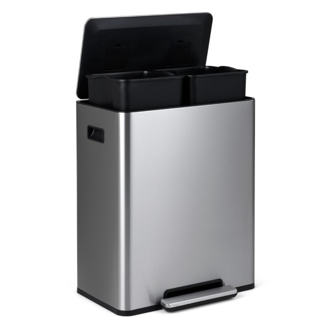 Costway Κάδος απορριμμάτων κουζίνας 60L από ανοξείδωτο ατσάλι με πεντάλ, καπάκι soft-close και 2 διαμερίσματα, ασημί, 67 x 34 x 54 cm GY10032SL