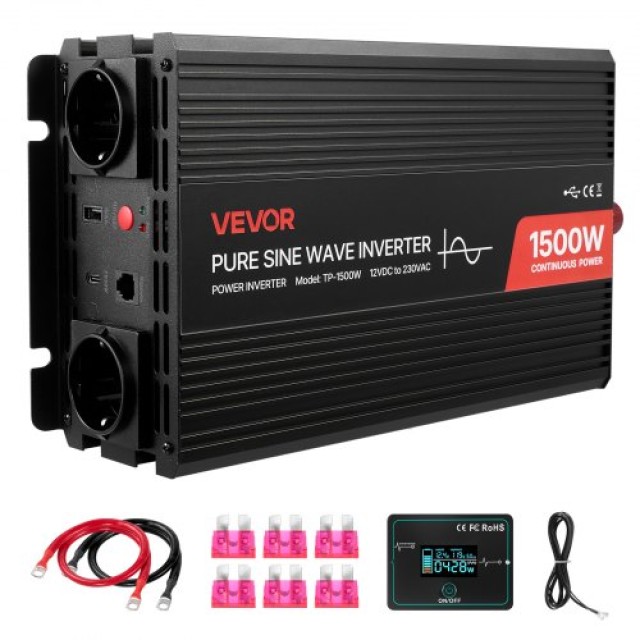 VEVOR 1500W Μετατροπέας Ισχύος Pure Sine Wave, 12V DC σε 230V AC με Τηλεχειριστήριο και Θύρες USB & Type-C LCDPYKCZXNBQKRP6L001V2