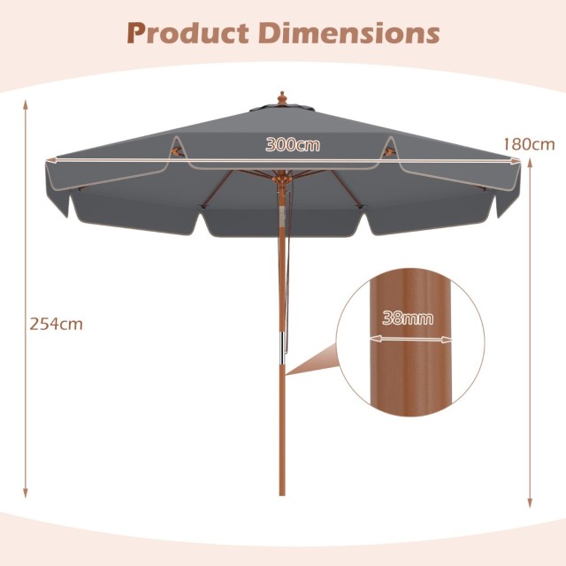 Costway Ομπρέλα κήπου 300 εκ. με μηχανισμό κλίσης και ξύλινο ιστό, γκρι, 254 x 300 x 300 cm NP12797GR