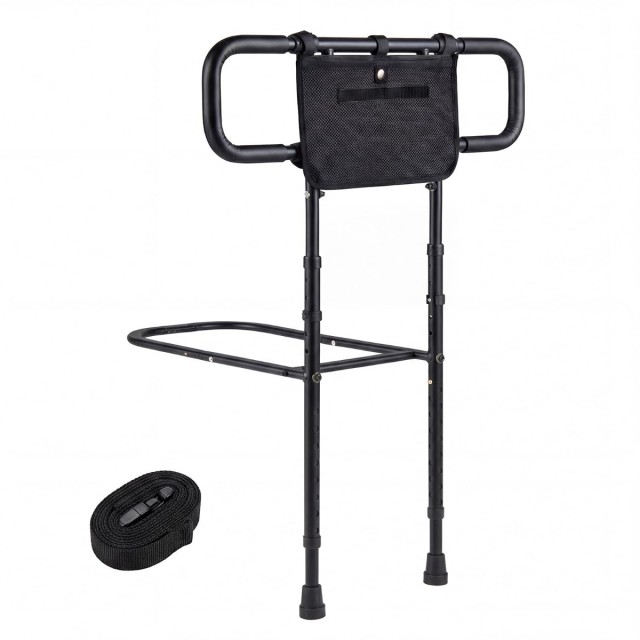 Costway Αναδιπλούμενο κάγκελο κρεβατιού για ηλικιωμένους με αφαιρούμενη τσάντα αποθήκευσης, μαύρο, 79-108 x 64/73/82 x 52 cm HW74749DK